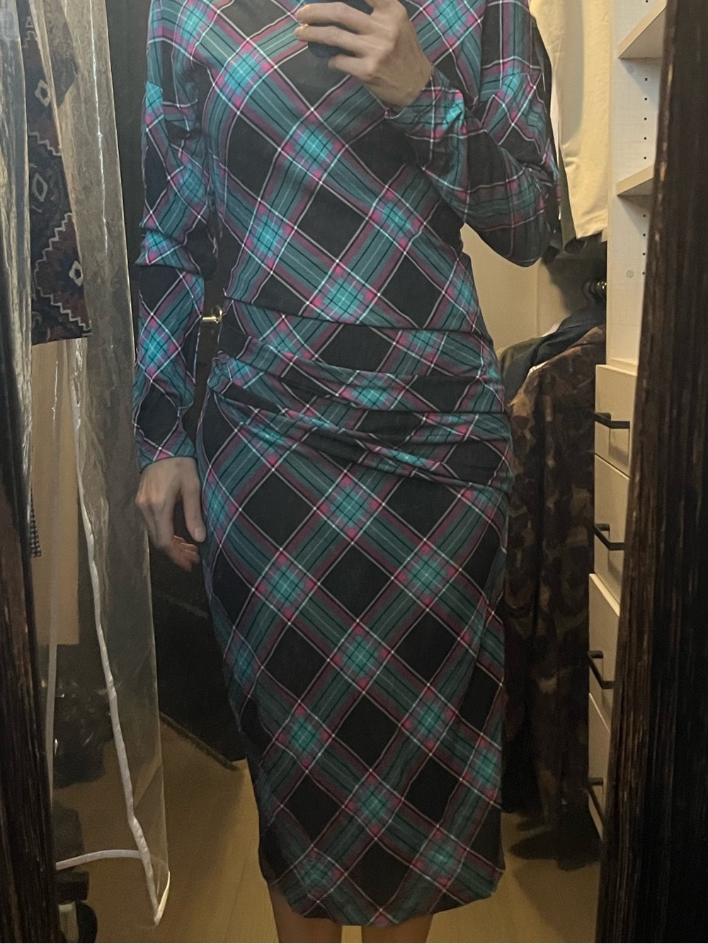 Marc Cain Teal and Pink Plaid Long-Sleeve Midi Dress Size 1/xs